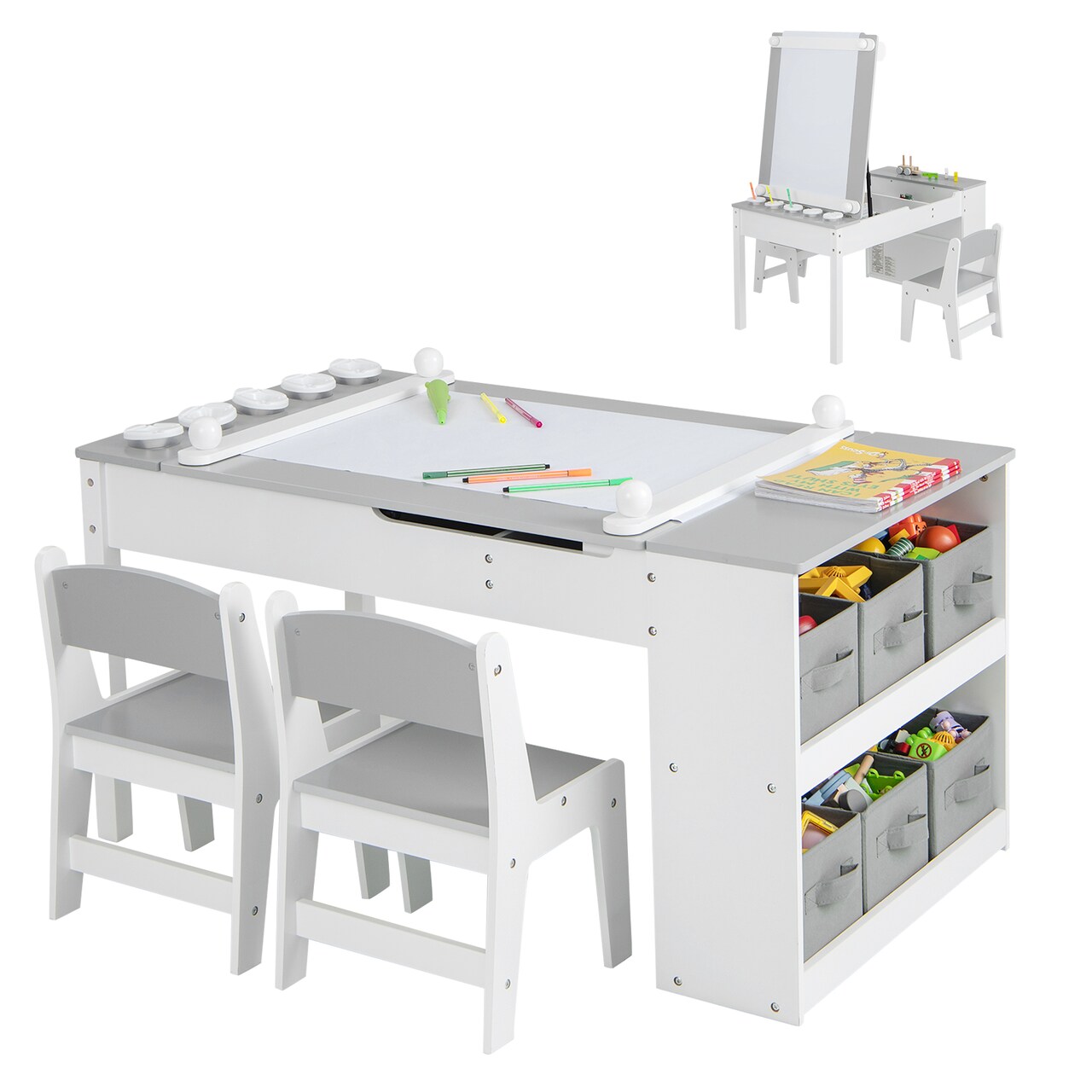 2-in-1 Kids Activity Table with Built-In Easel and Storage Boxes Removable Paint Cups